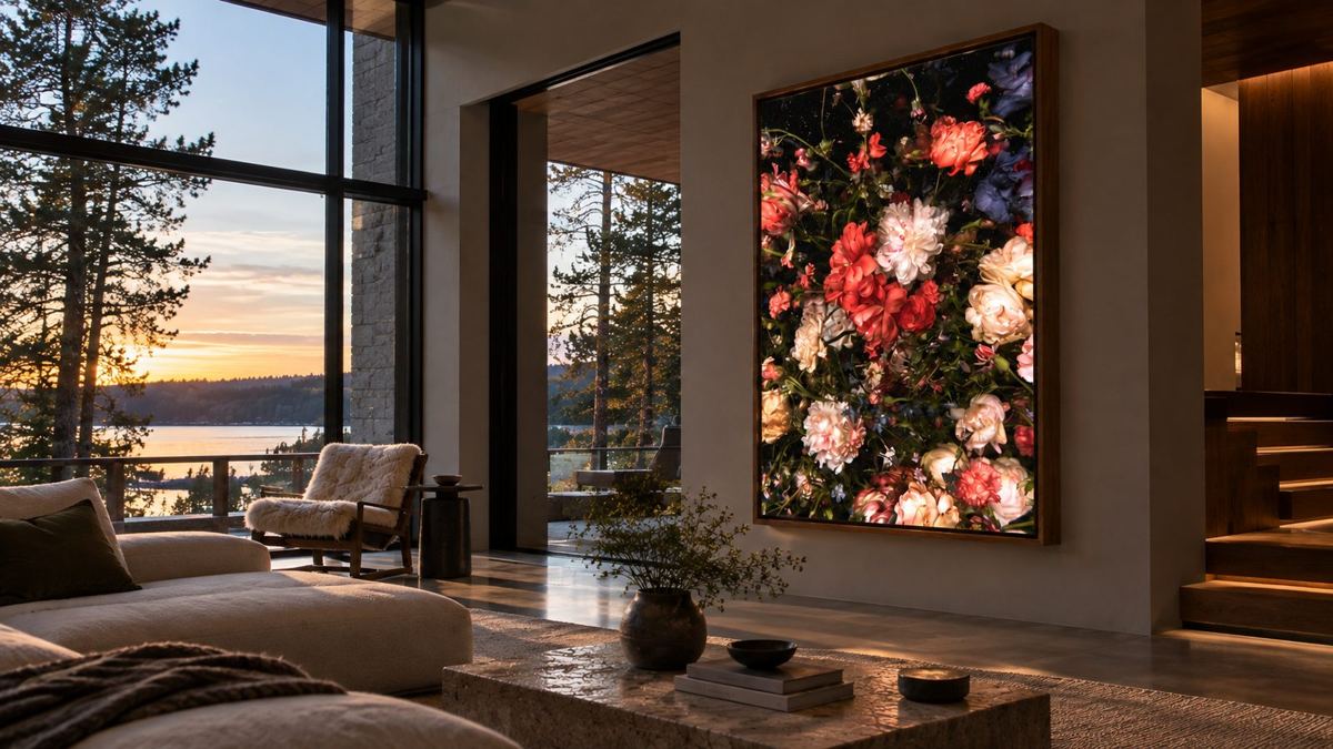 Salon au coucher du soleil avec l'œuvre Vanitas au mur