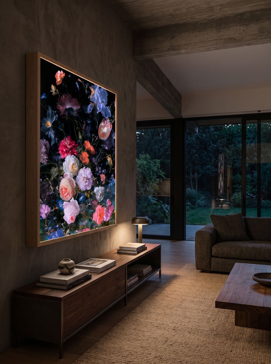 Salon au béton et au bois en soirée, œuvre lumineuse au bouquet de roses, tulipes et iris au-dessus d'un meuble bas
