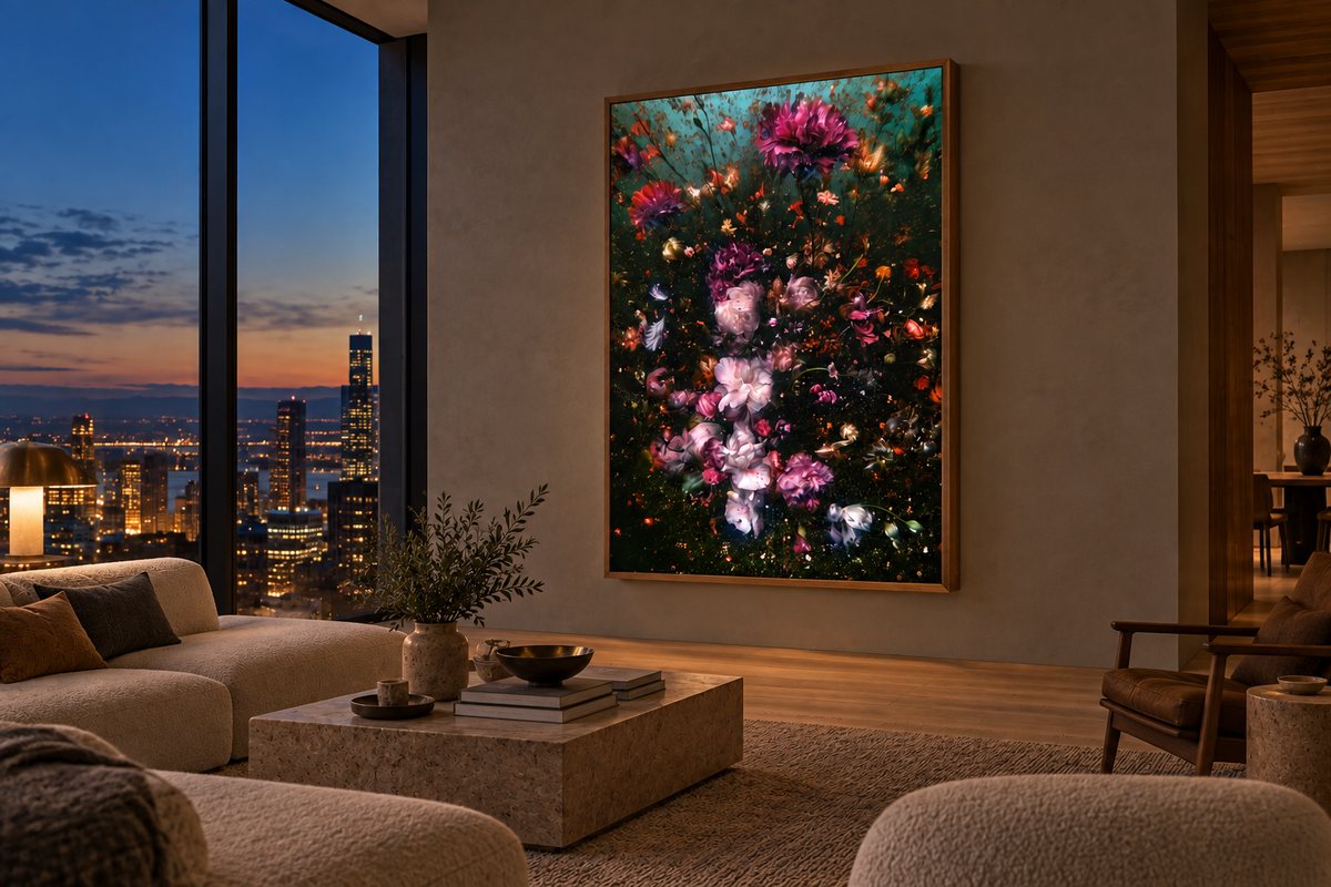 High-rise condo at dusk with a city view, Azzurra lit on a large wall